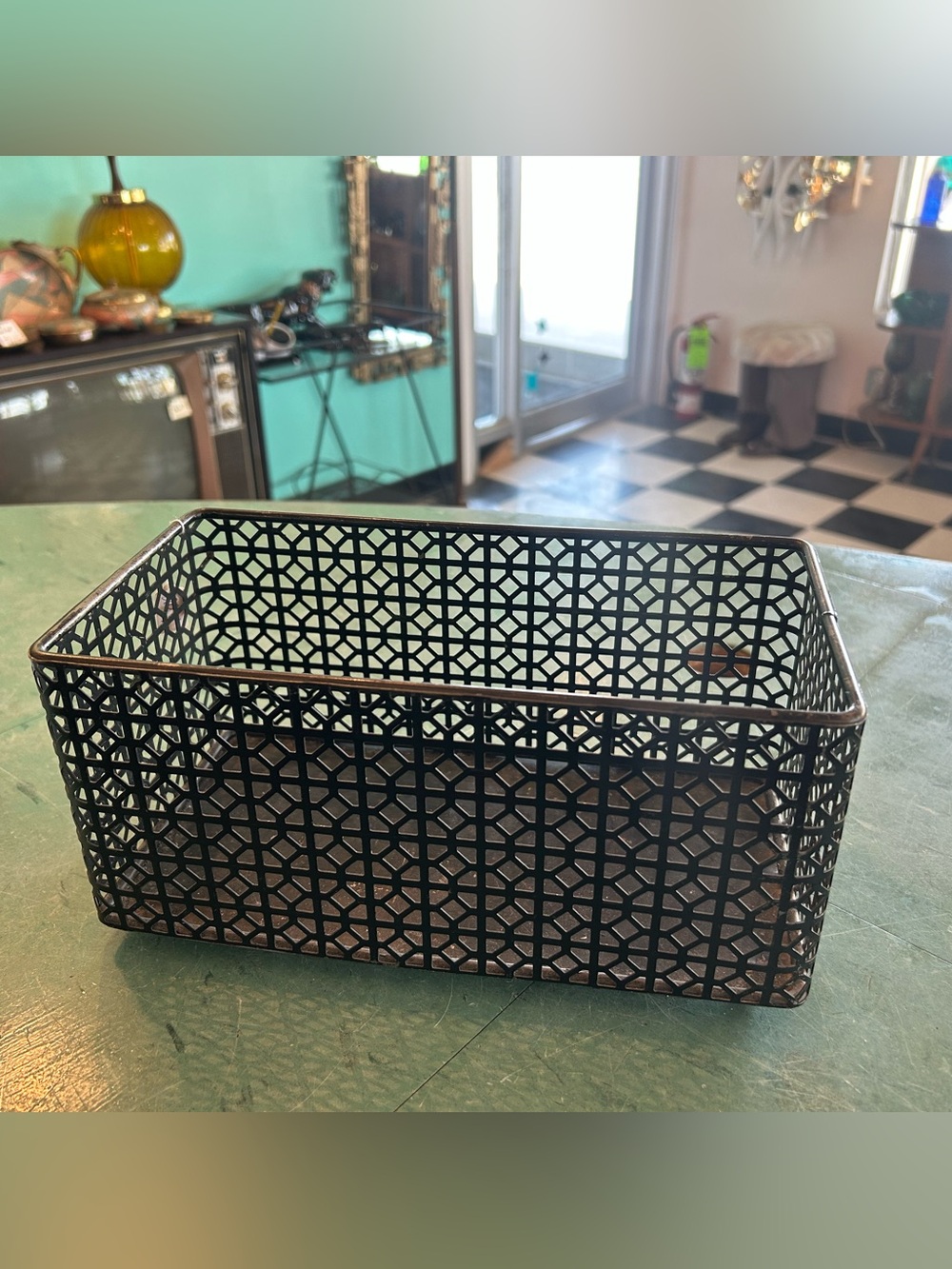 Vintage black metal storage bin organizer box